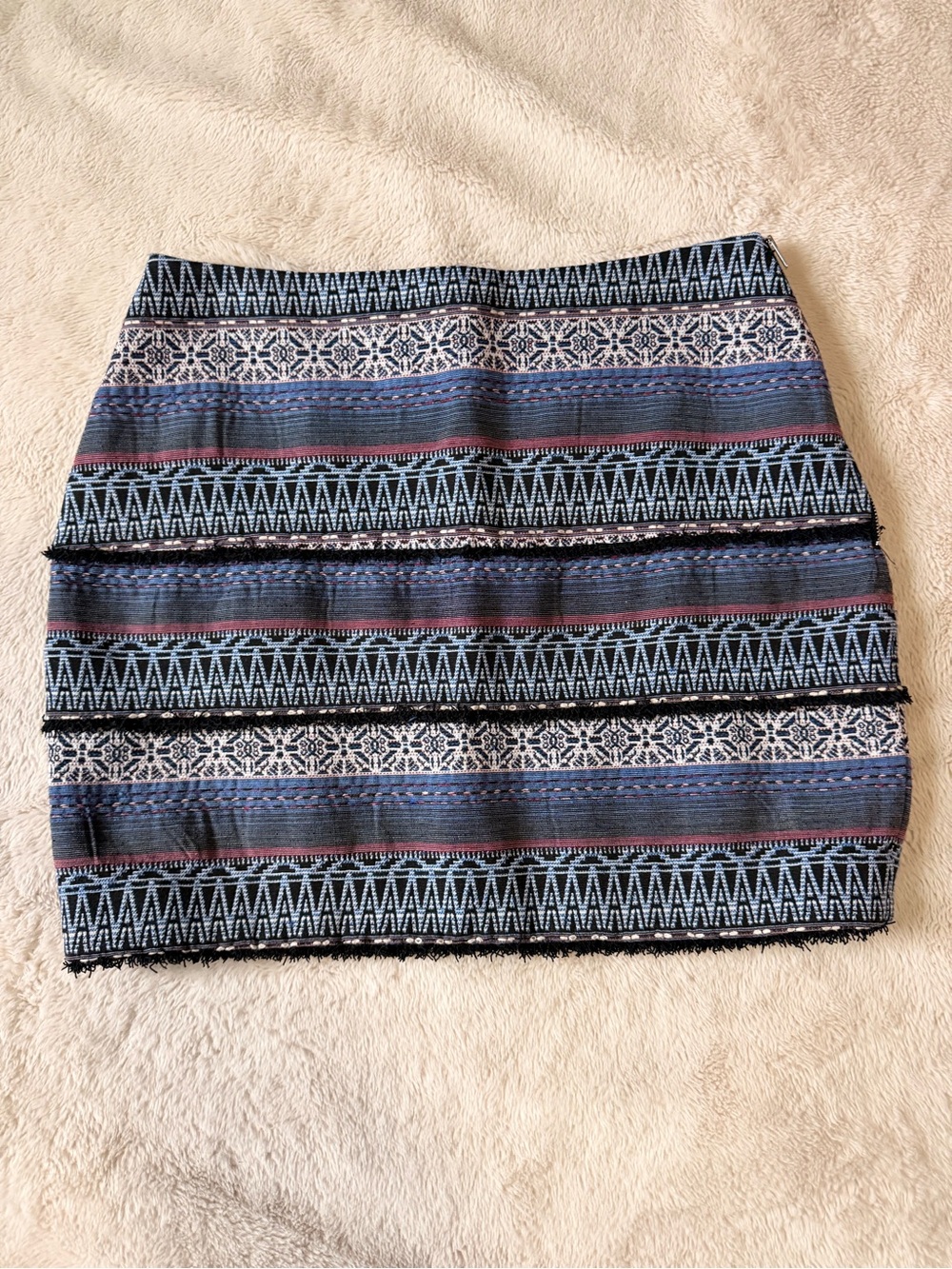 Textured Blue Patterned Mini Skirt with Pink Trim